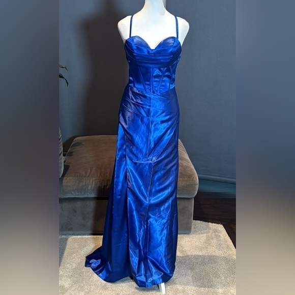 💎Women’s Blue Full Length Prom Dress CrissCross Corset Straps Leg Slit NEW✨ - Picture 8 of 9